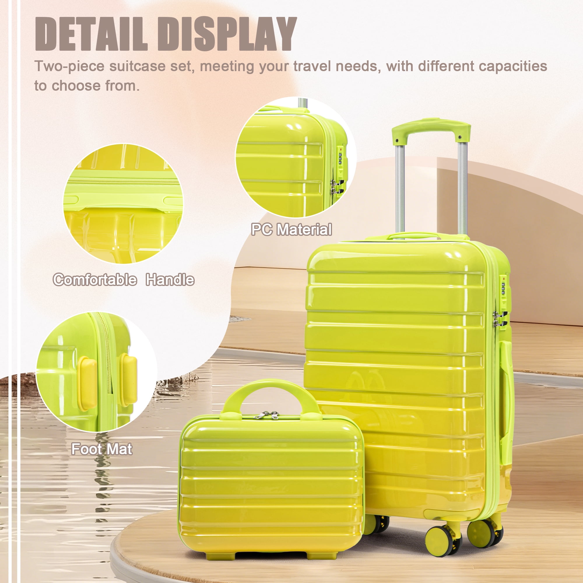 HomePerch 20"/14" Carry On Luggage Set, Lightweight PC Hard Shell Spinner Suitcase with TSA Combination Lock, 2-Piece Travel Case, Gradient Yellow & Green