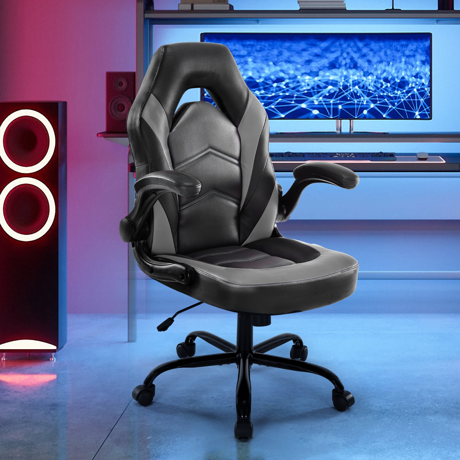 CONCETTA Gaming Chair, Faux Leather High-Back Gaming Office Chair, Swivel Racing Chair with Flip-up Armrests, Perfect for Adults Gamers, Gray