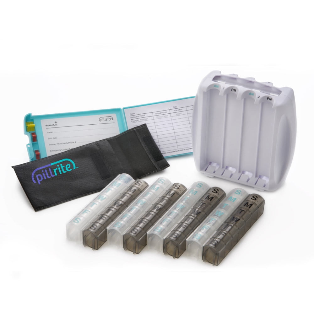 PillRite - Monthly Pill Organizer, Twice Daily AM and PM, 4 week pillbox. Easy and Simple to use dispenser for medications and vitamins.  Storage Compartment for Medical Information. Free Travel Bag.