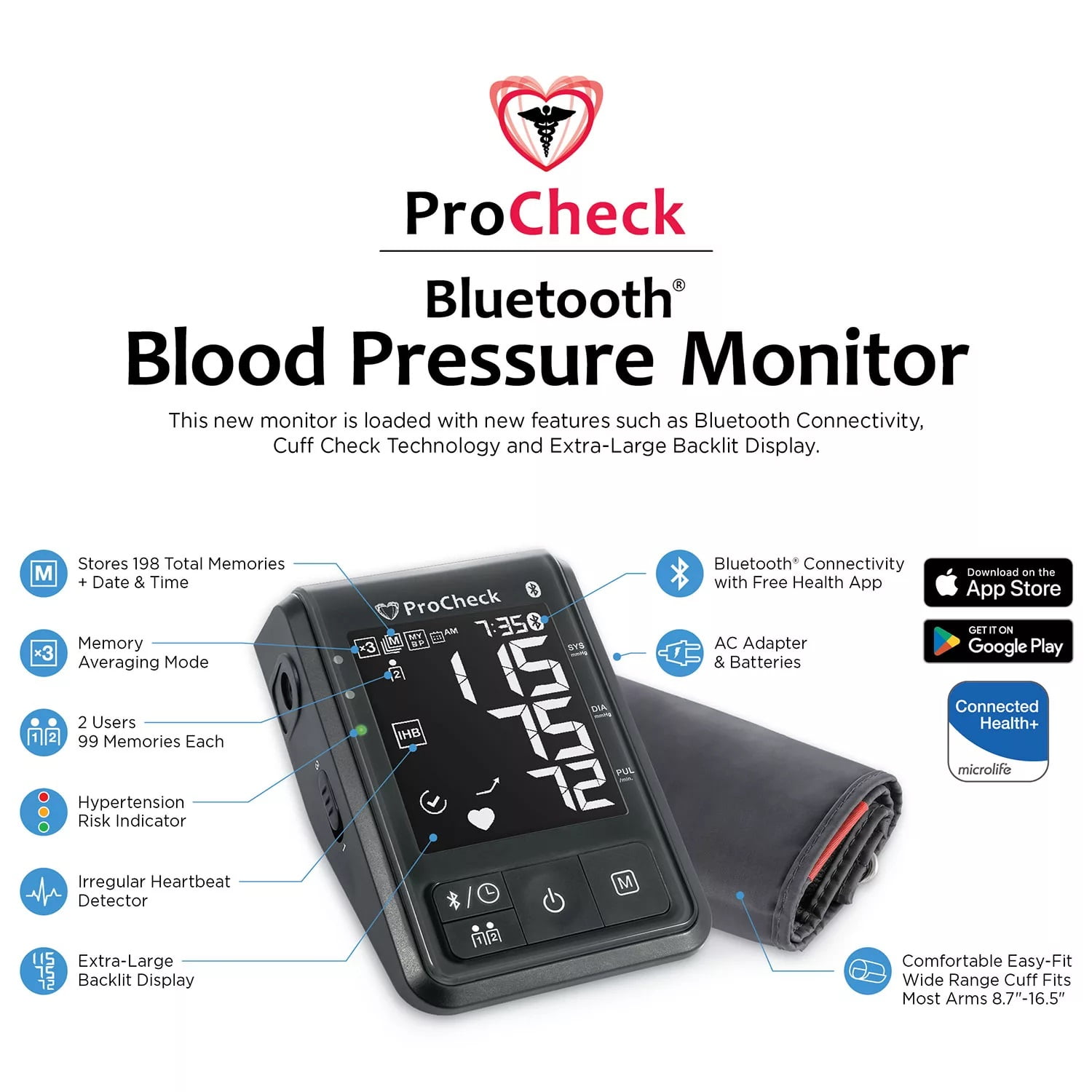 ProCheck Bluetooth Upper Arm Blood Pressure Monitor for 2 Users, Stores 198 Total Results