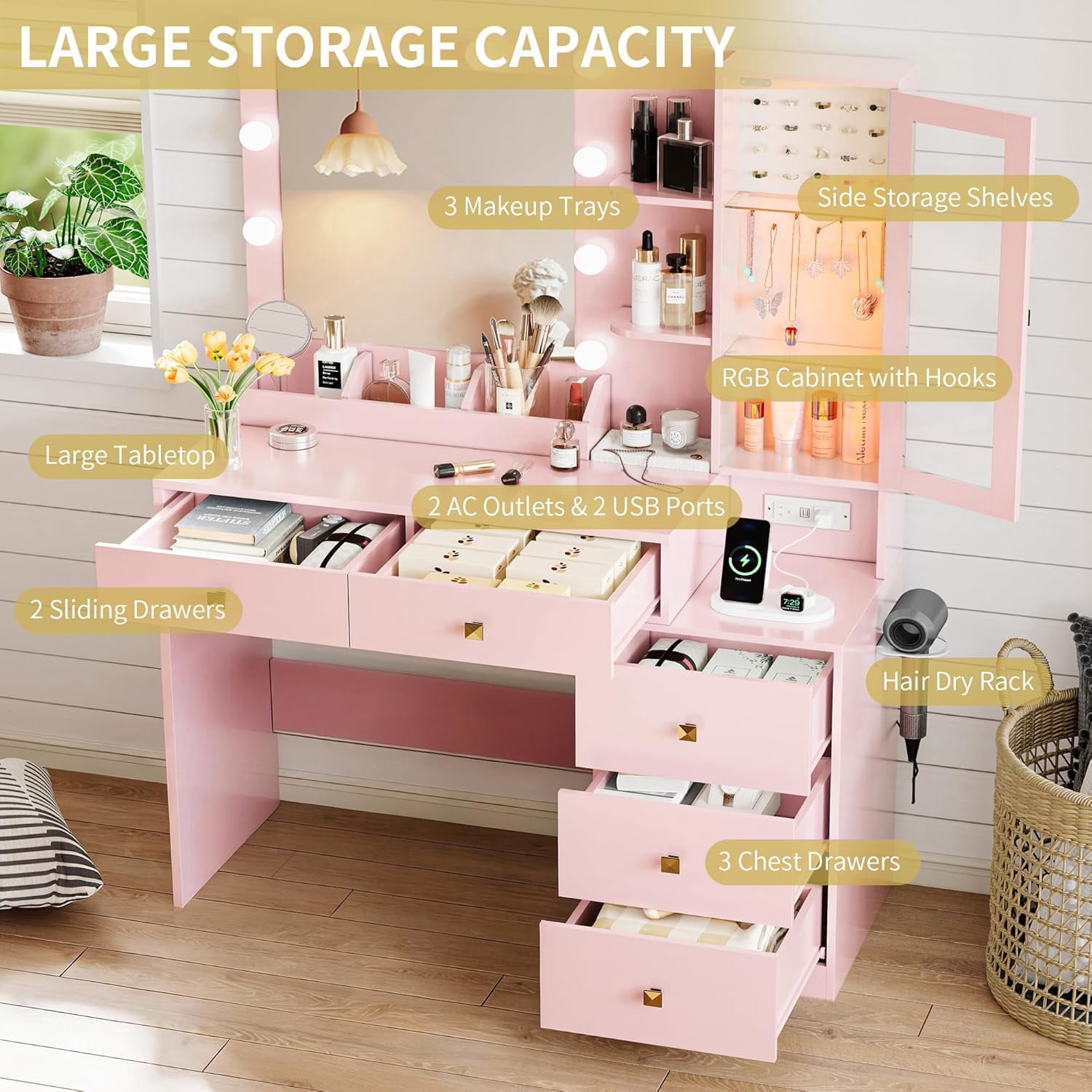 FANRAL Vanity Desk with RGB Ambient Light,LED Mirror & Charging Station,Small Dressing Table with Glass Cabinet & Ample Storage for Bedroom Grooming,Pink Vanity