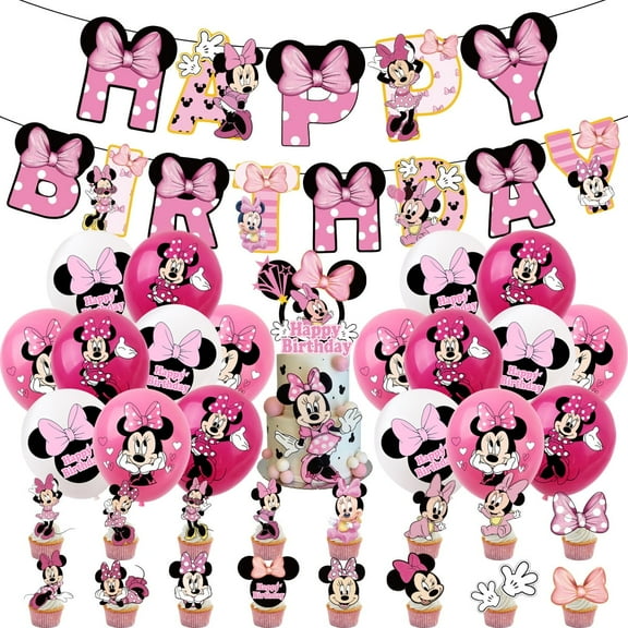 Minnie Birthday Decorations,Gender Reveal Party Supplies Include Happy Birthday Banner, Cake Topper and Cupcake Toppers, Balloons for Kids Party Décor