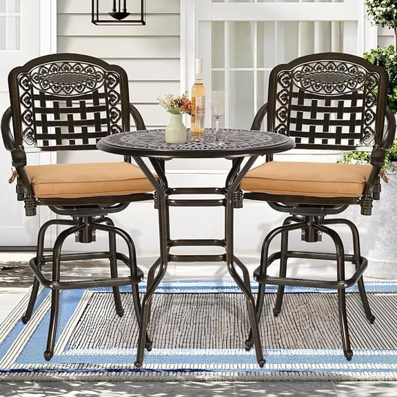 SOCIALCOMFY 3 Piece Patio Swivel Bar Set, Free-Rust Cast Aluminum Furniture Bistro Set with 2 Bar Stools and 35.4" Bar Height Table with 2" Umbrella Hole, Patio Bar Table Set for Deck Garden Poolside