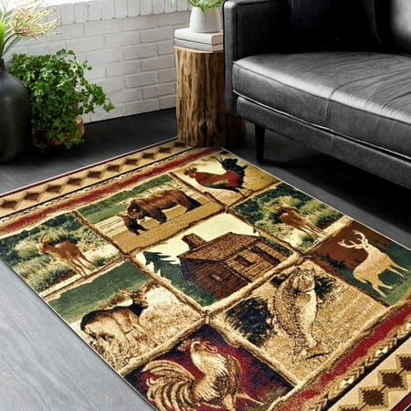 UPC: 0694536097100 | HR-Cabin Collection 908-Rooster Rugs7.5 by 10.5Contemporary Geometric Design Rooster/Mother Bear and Cub/Fish/Lodge/Deer-Southwestern Design-Beige/Red/Green and Multi