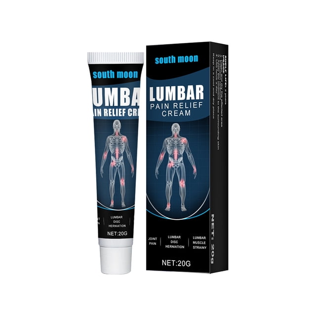 crema analgésica para la artritis reumatoide, bálsamo para las articulaciones y músculos, ungüento para la rodilla cervical, pomada para masaje corporal, 20g tubo y caja negros y azules con ilustración anatómica que destaca caderas y rodillas, texto grande "LUMBAR" y marca "south moon", indicación en etiqueta para uso tópico, NET:20G, vista frontal centrada sobre fondo blanco.