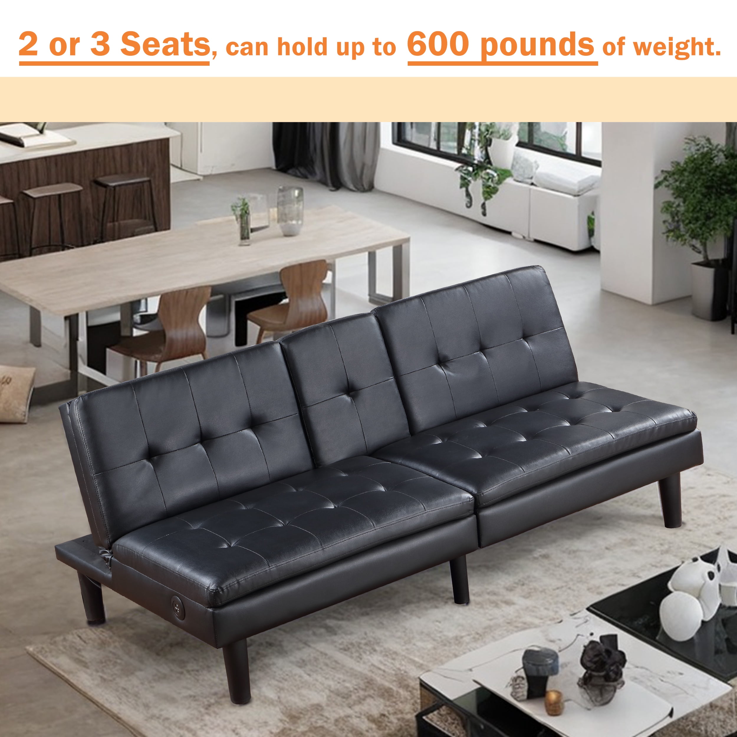Futon Sofa Bed with USB, Cupholder , Faux Leather Convertible Futon Couch Bed for Living Room, Bedroom, Black