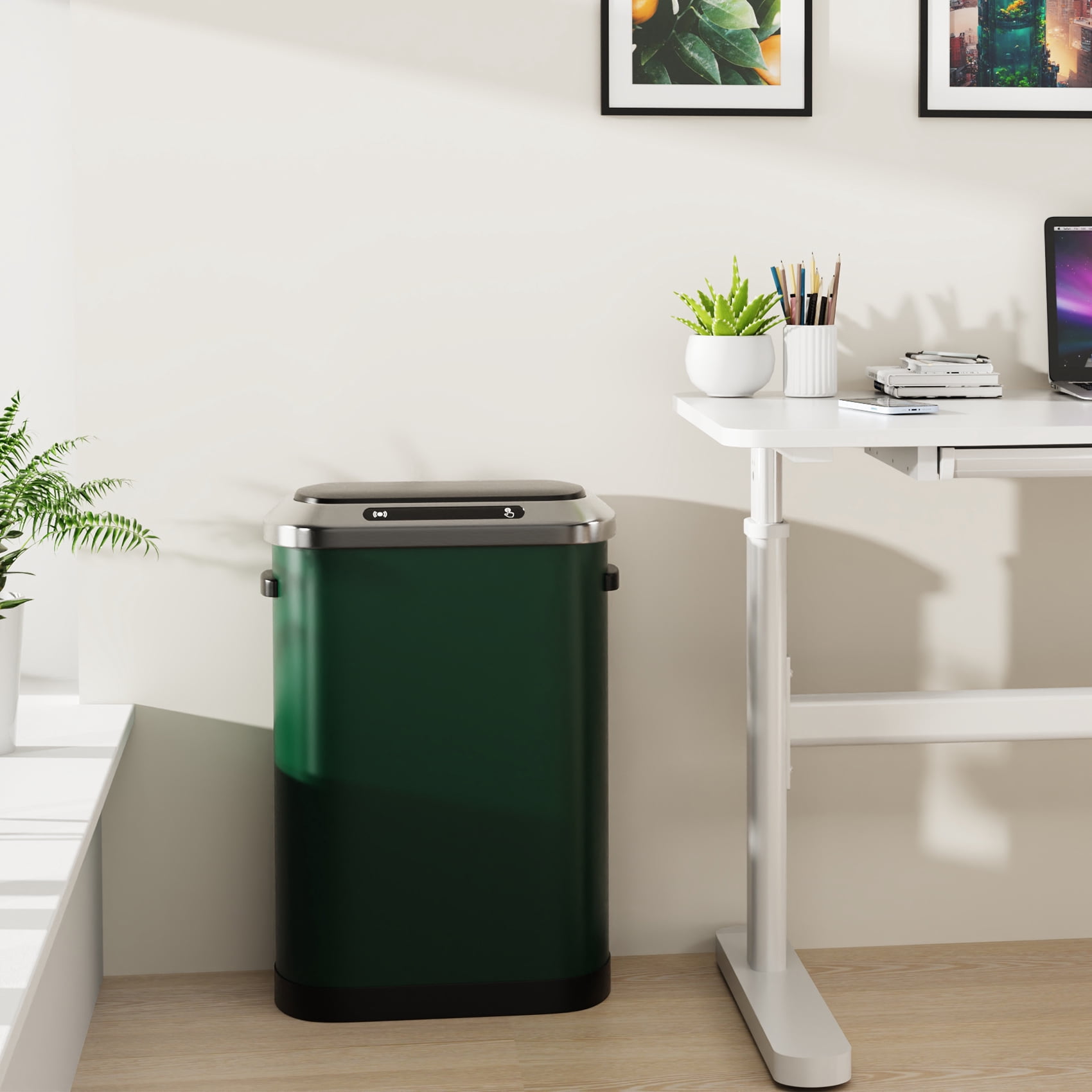Miniyam 50L/13Gal Automatic Trash Can, Stainless Steel Fingerprint-Resistant Soft Close Lid Garbage Can, Green