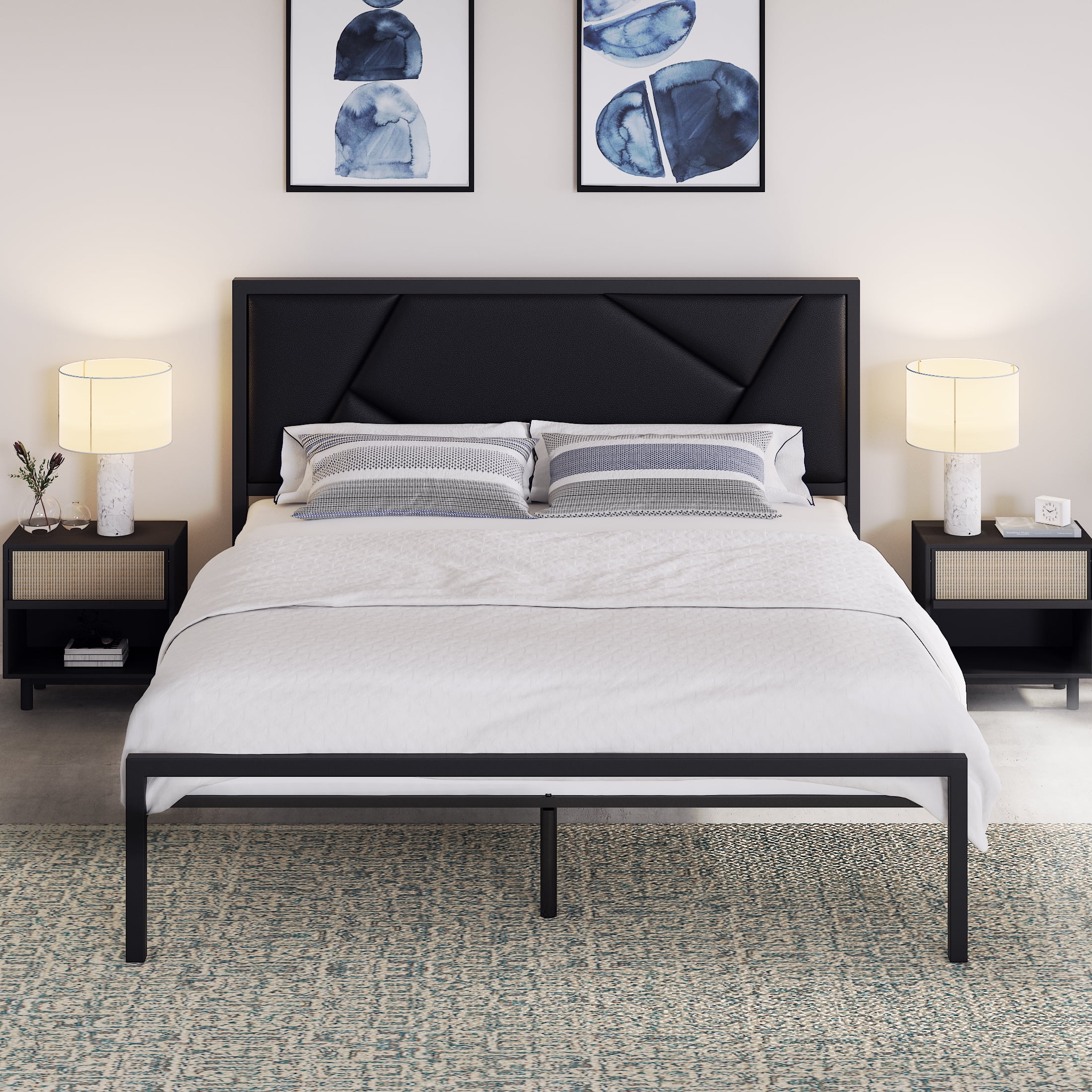 Allewie Modern Black Queen Size Metal Bed Frame with Geometric Litchi Grain Leather Headboard