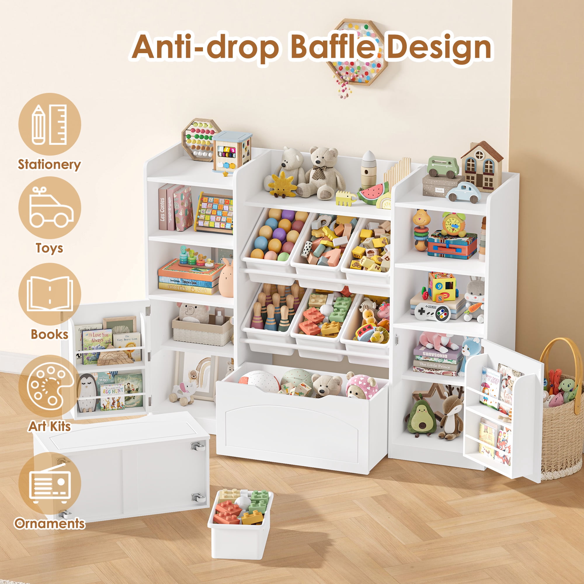Hiphuta 55"Wide Toy Storage Organizer with Book Shelves Behind The Doors, Kids Bookcase Wood Toy Organizer of 6 Removable Boxes & 8 Storage Cubes, White