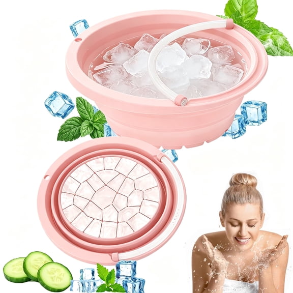 LC-dolida Face Bowl for Ice with Built-in Ice Tray, Foldable Facial Ice Bath Basin with Snorkel Nose Clip, Portable and Reusable Cold Bath Spa Tool for Cold Plunge Therapy, Skin Tightening (Pink)
