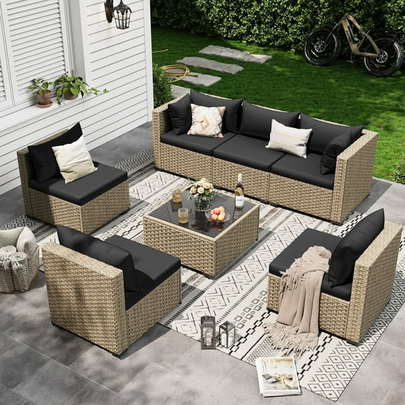 Poteban 7 Piece Outdoor Patio Furniture Set, Grey Rattan Wicker Outdoor Conversation Sectional Sofa Set with Cushions for Backyard, Black