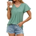thumbnail image 3 of UVN V Neck T Shirt for Women Summer Pleated Blouse Casual Ruffle Short Sleeve Shirt Flowy Tunic Tops, 3 of 8
