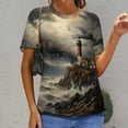 thumbnail image 6 of Lighthouse Sunrise Coast Scenery Pale Blue Tan Womens Tops Women's Fashion Casual Short Sleeve Flower Print Round Neck Pullover Top Blouse, 6 of 6