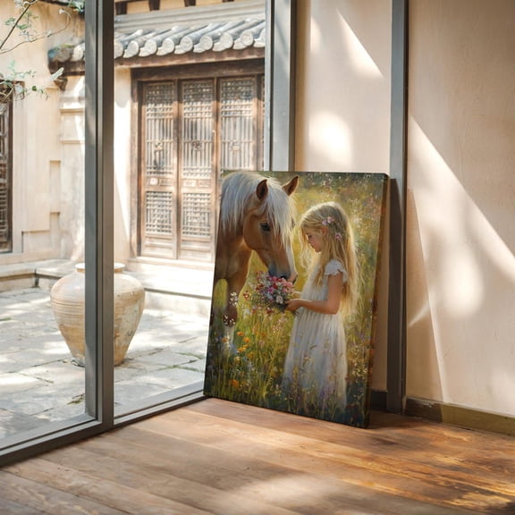 Velto Horse and Girl in Meadow Canvas – Whimsical Pastoral Scene with Wildflowers, Tender Moment with Bouquet, Country Farmhouse Wall Art, SIZE 8x10 INCLUDE Pine Wood Frame 0.75-Inch