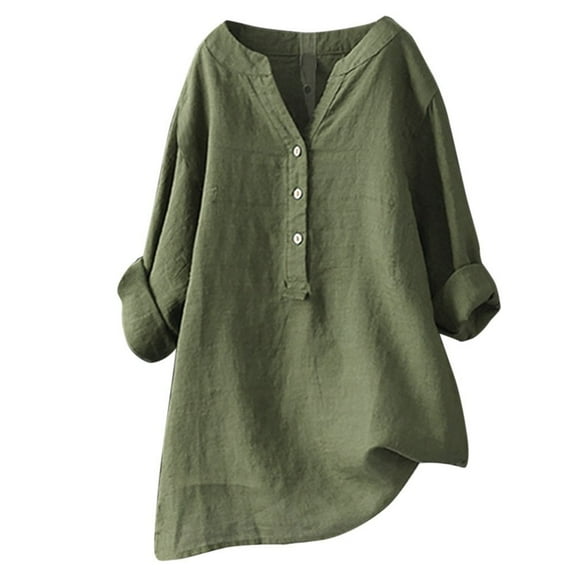 Womens Workout T Shirts Solid Color Stand Up Collar Button Long Sleeved Dressy,Green,L