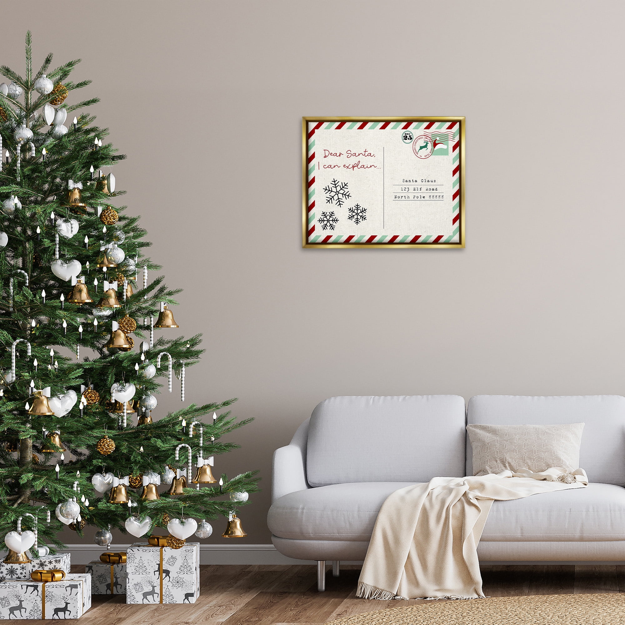 Stupell Industries Dear Santa Postcard Holiday Painting Gold Floater Framed Canvas Art Print Wall Art, 31 x 25