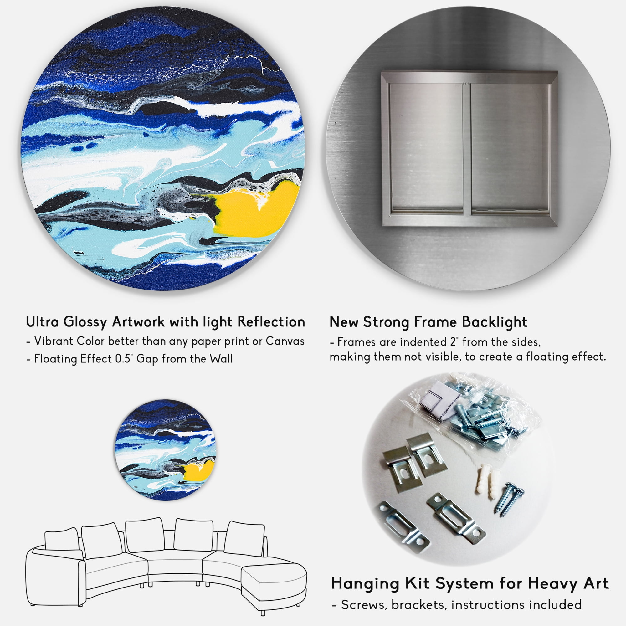 Designart 'Abstract Composition In Blue and Yellow VIII' Modern Circle Metal Wall Art 23x23 - Disc of 23