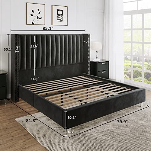 VanAcc Queen Velvet Tufted Upholstered Platform Bed Frame with Headboard , No Box Spring Needed, Cream
