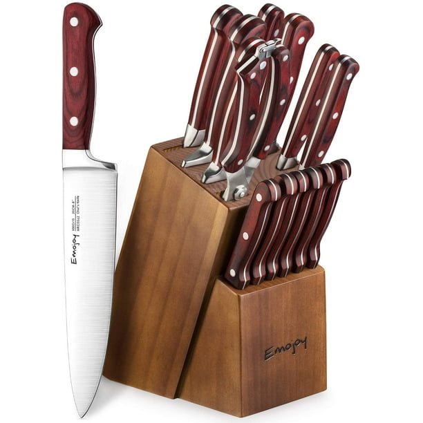 Emojoy Knife Set, 15-Piece Kitchen Knife Set with Block Wooden, Manual  Sharpening for Chef Knife Set, German Stainless Steel