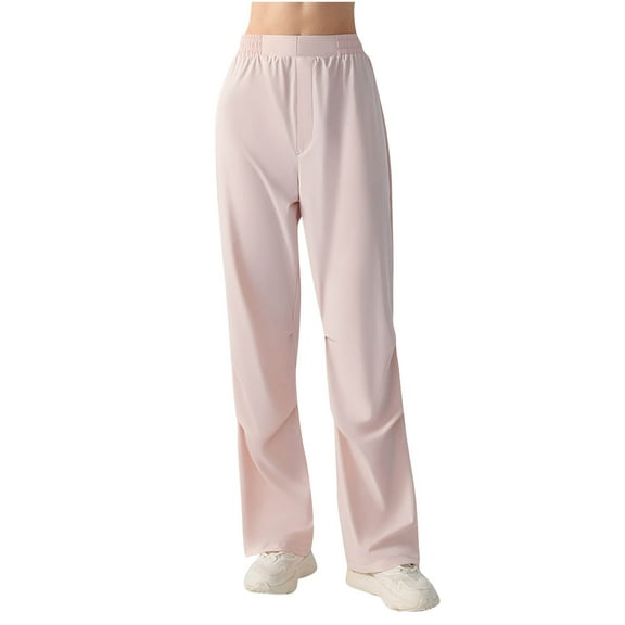 Trendy Yoga Pants for Women Straight Wide Leg High Waist Pleated Casual Trousers with Pocket Fashion Workout Loose Pants, Pink, M