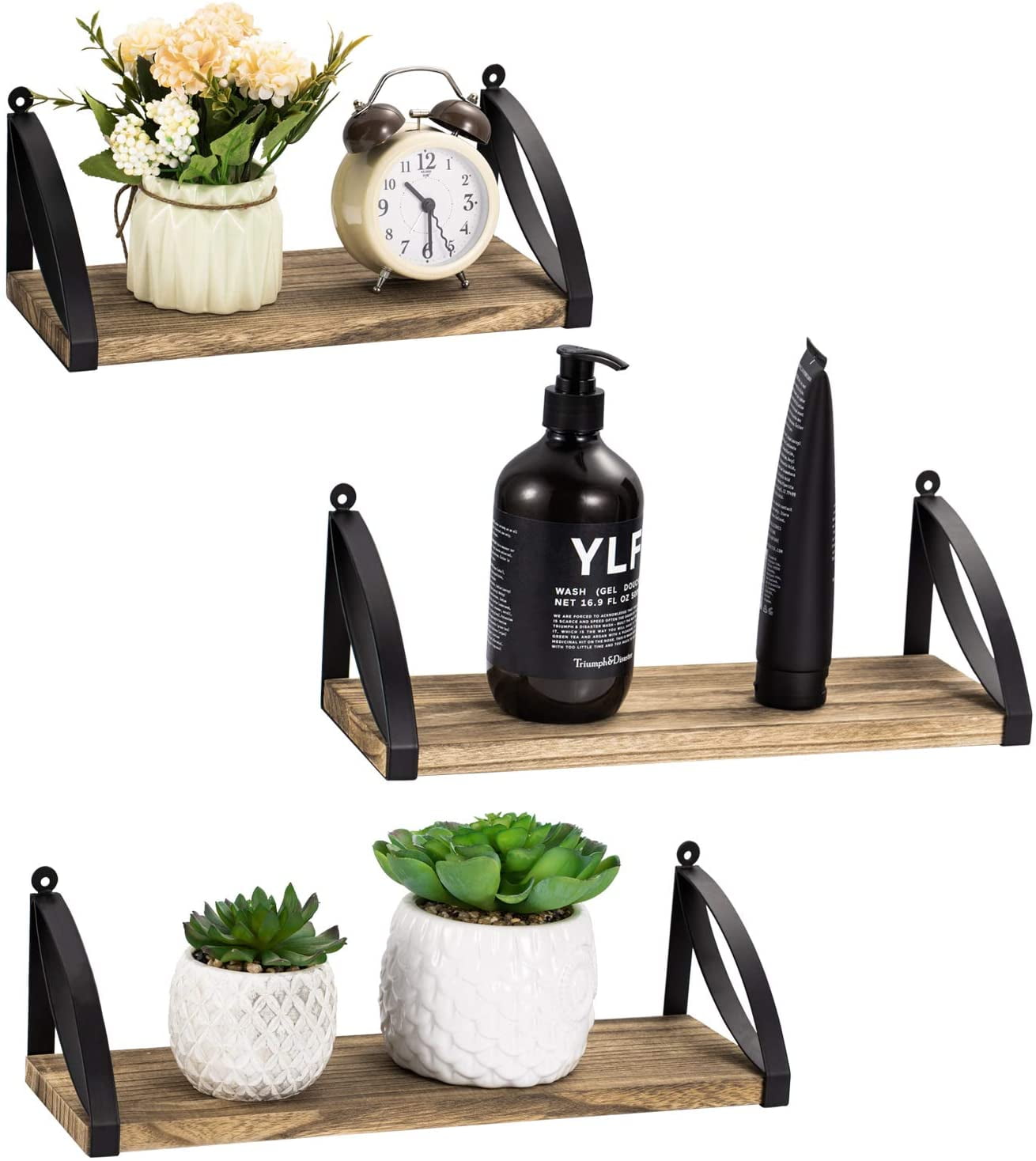 Set of 3 Floating Shelves Wall Mounted, Rustic Wood Shelves with Large