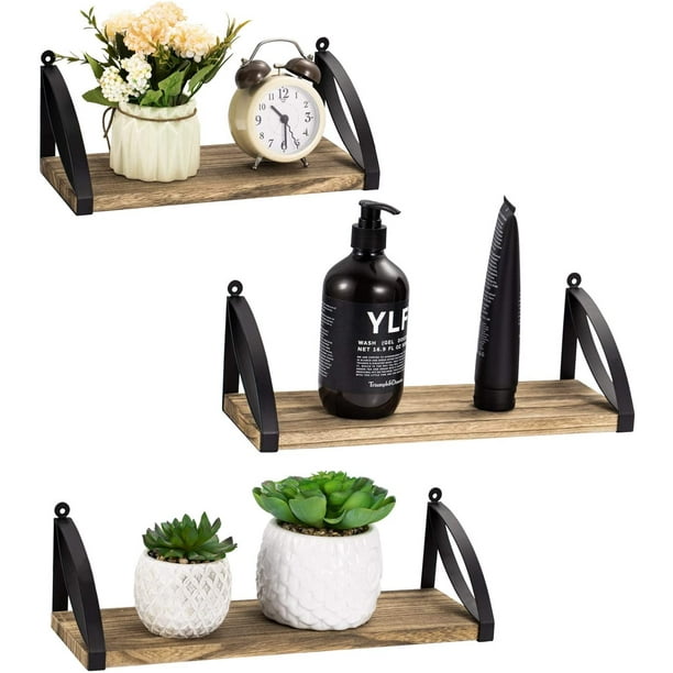 Set of 3 Floating Shelves Wall Mounted, Rustic Wood Shelves with Large