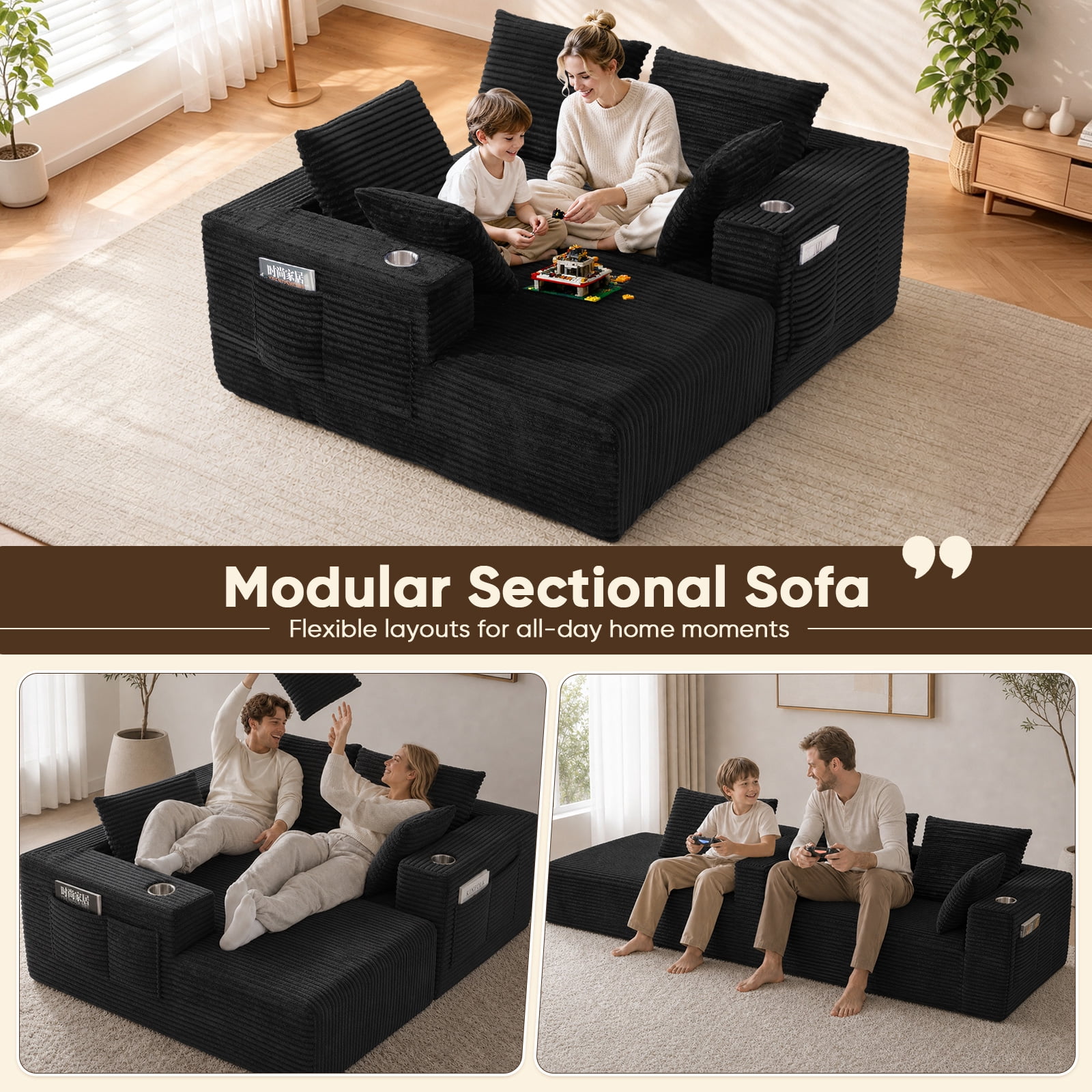 Lunale 95" Modular Sectional Sofa, L-Shaped Boneless Cloud Couch with Cup Holders, Modern Deep Seat Sofa for Living Room, Black (Right Facing Chaise)