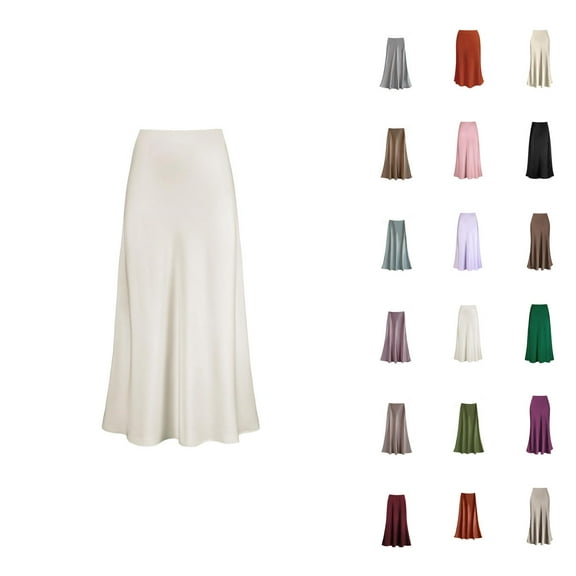 Women Satin High Waist Hidden Elastic Waist A-Line Long Maxi Elegant Skirt