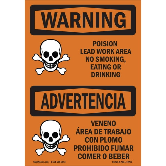 SignMission Warning Poison Lead Work Area No Smoking Eating OSHA Decal Sign