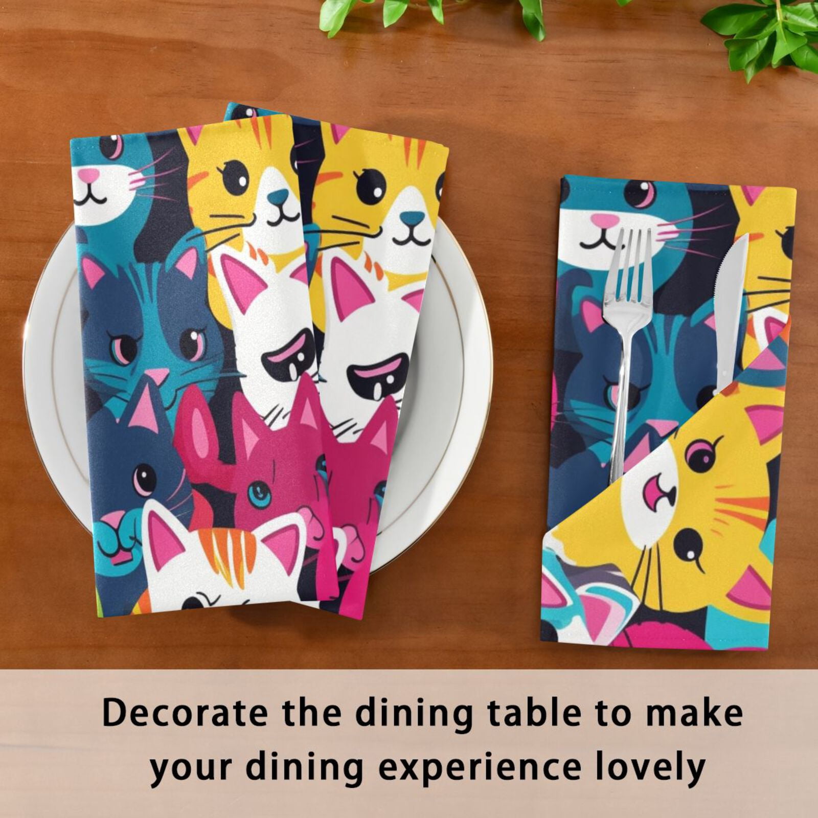 JSTEL Colorful Cat Kitten Cloth Napkins Set of 6, 20x20 Inch Washable and Reusable Napkin for Decoupage Dinner Party Everyday Use