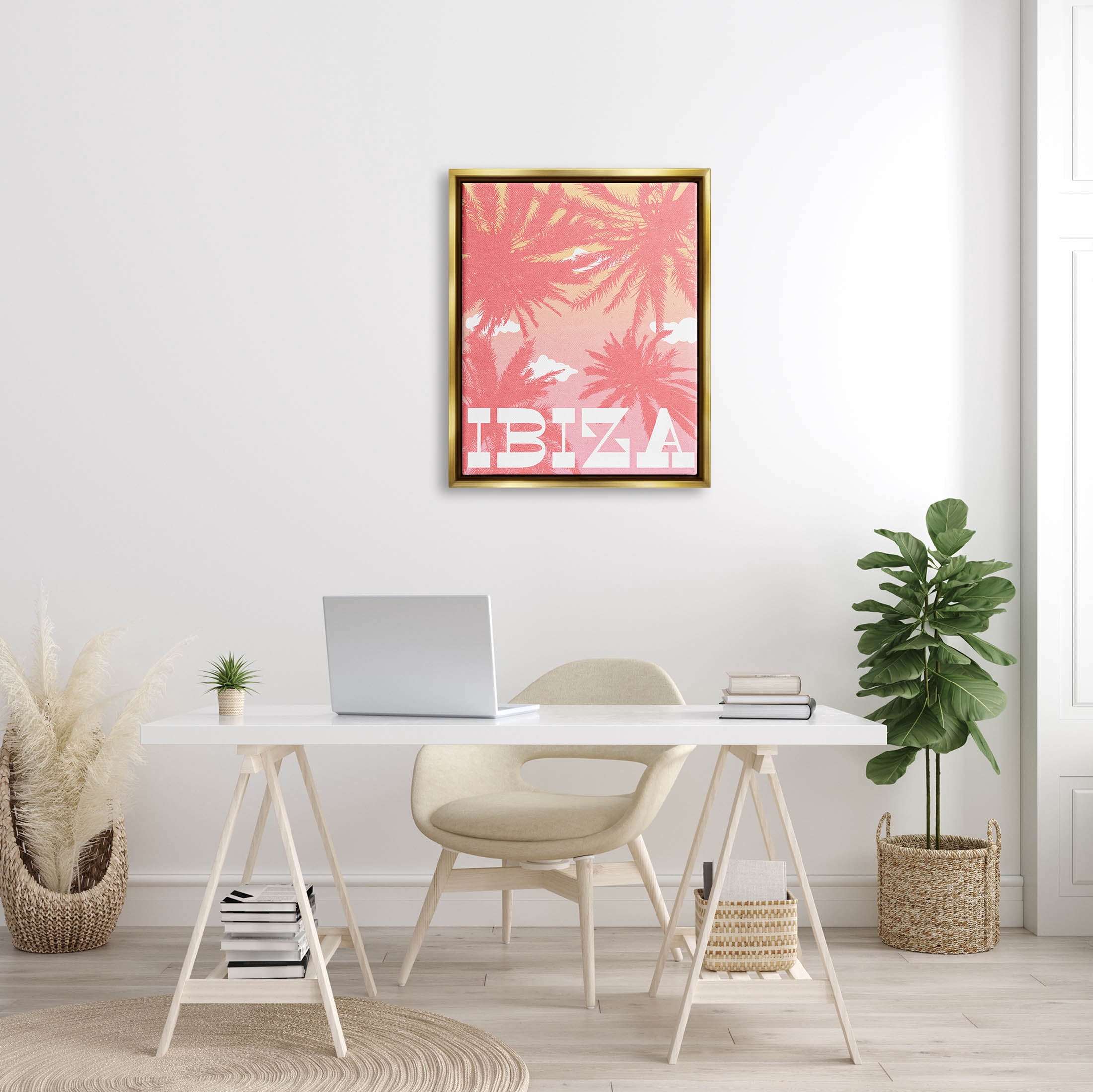 Stupell Industries Tropical Ibiza Palm Trees Graphic Art Metallic Gold Floating Framed Canvas Print Wall Art, Design by Daphne Polselli