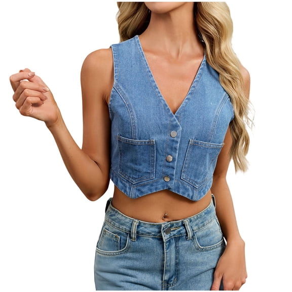 LNWUY Women's Fashion Summer Tops Denim Vest Sleeveless V Neck Button Down Jean Trendy Crop Jacket With Pockets Blue M