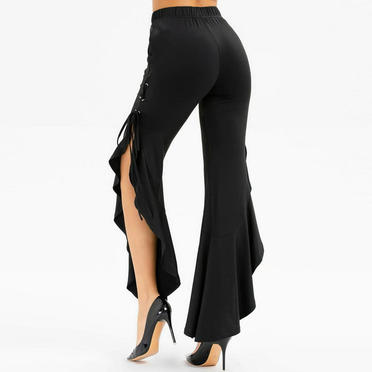 JWZUY Womens Design Trouser Elastic Waist Ankle Pants Side Lace Up Ruffle  Flare Pant Dance Pants Split Design Pant Black S 