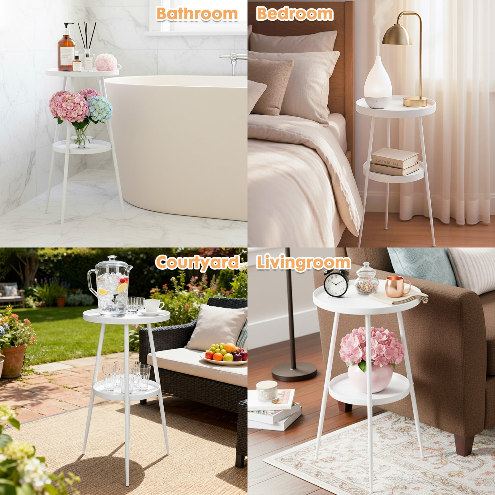 PinkSheep Round End Table Small Side Table Accent Table with Storage for Living Room Bedroom, 2 Tier Metal Plant Stands Pots Holder for Indoors, White