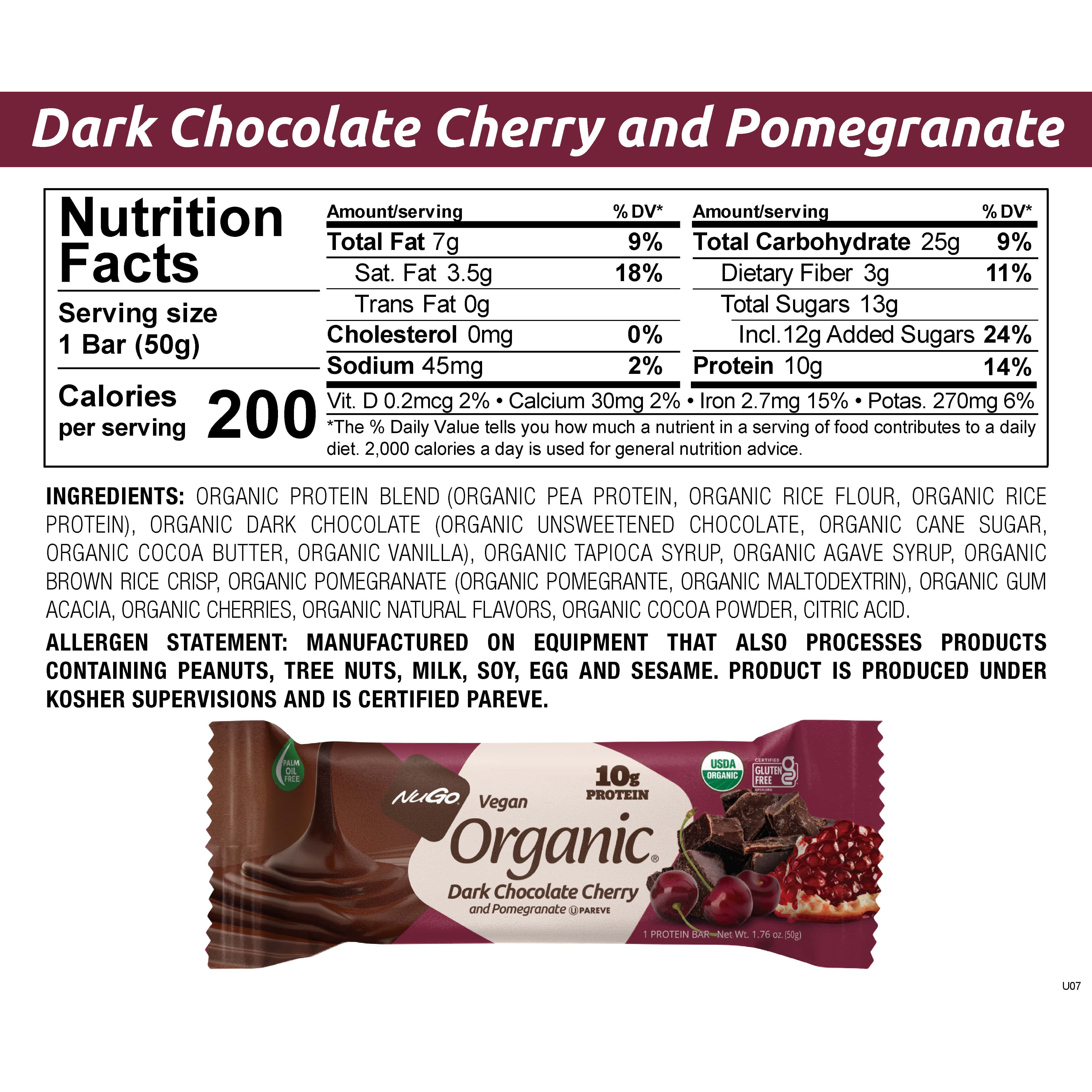 NuGo Organic Dark Chocolate Cherry and Pomegranate, 10g Vegan Protein, Gluten Free, 24 Count