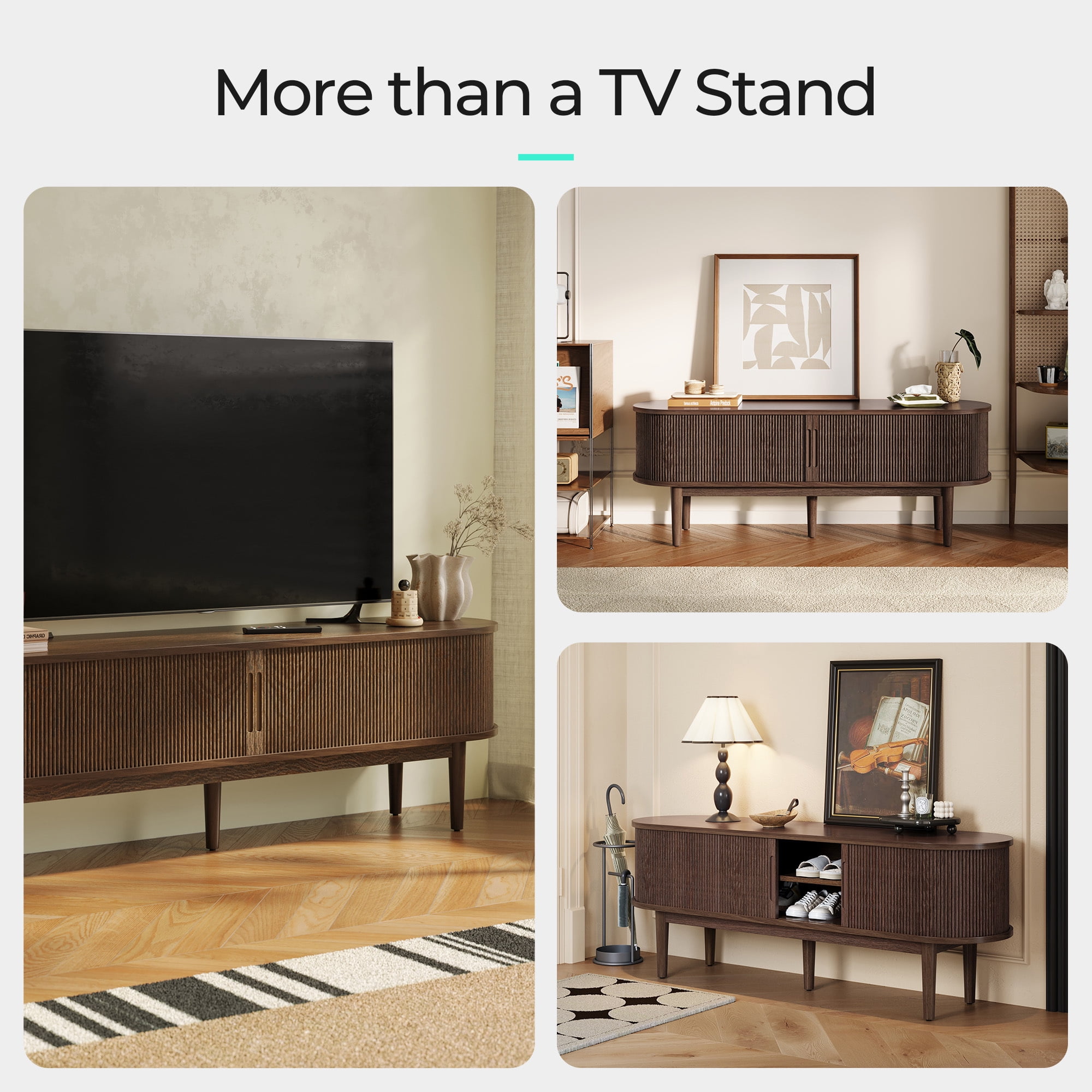 LINSY HOME Fluted TV Stand for TVs up to 65", Mid-Century Home Entertainment Center with Sliding Tambour Door and Adjustable Shelves, Walnut