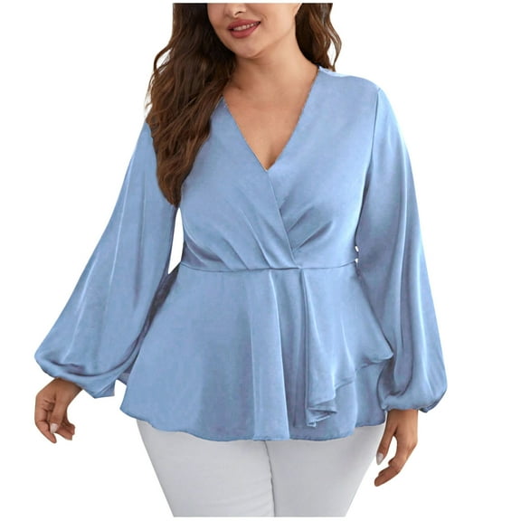 LIaqionyy Women Peplum Blouses Puff Long Sleeve Tie Waist Tops Elegant Business Plus Size Shirts