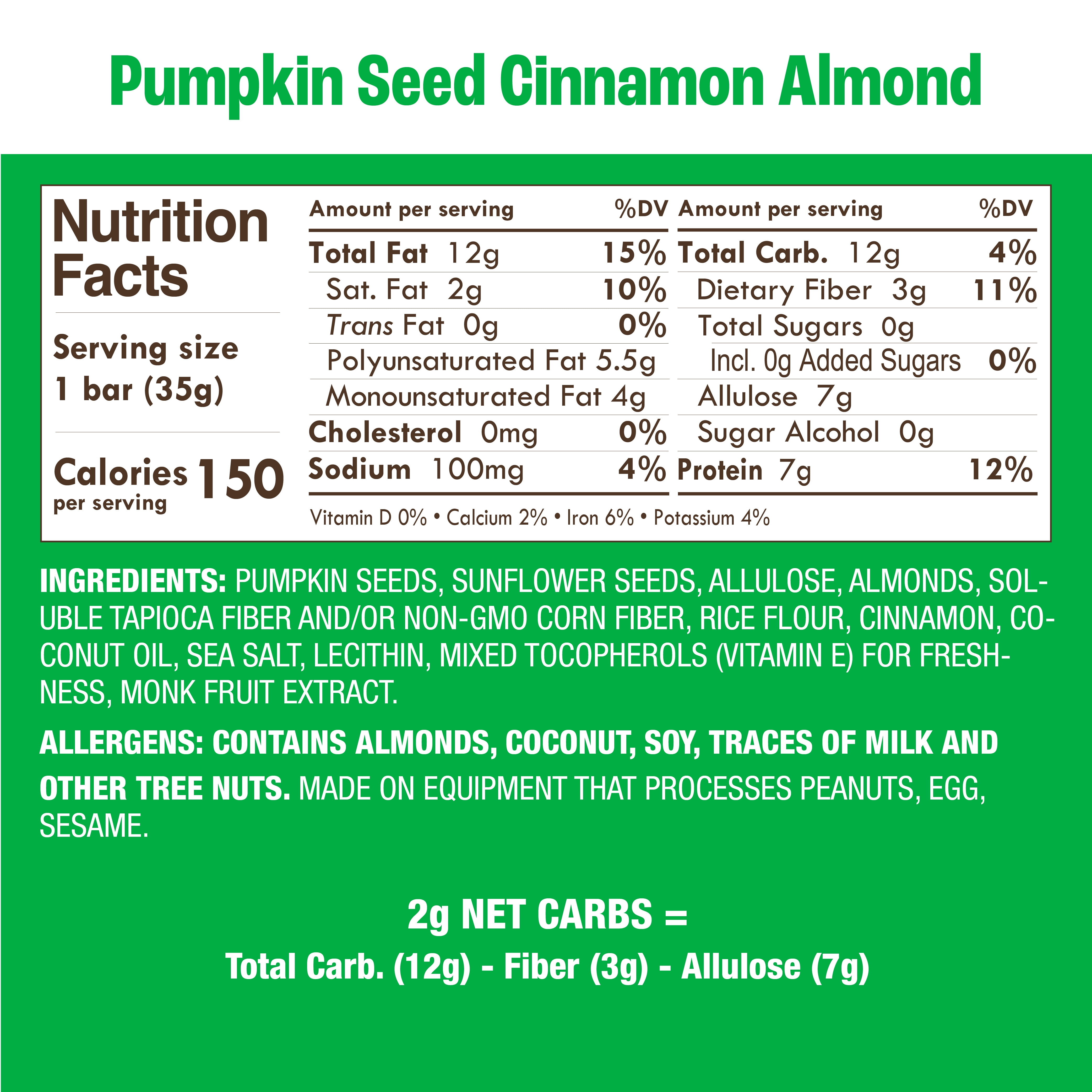Munk Pack 1g Sugar Nut and Seed Bars, Pumpkin Seed Cinnamon Almond Keto, Shelf-Stable Box, 12 Count