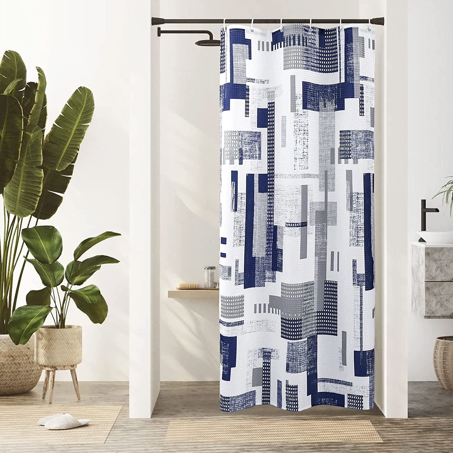 Small Stall Shower Curtain 36 x 72, Narrow Half Navy Blue Gray Abstract