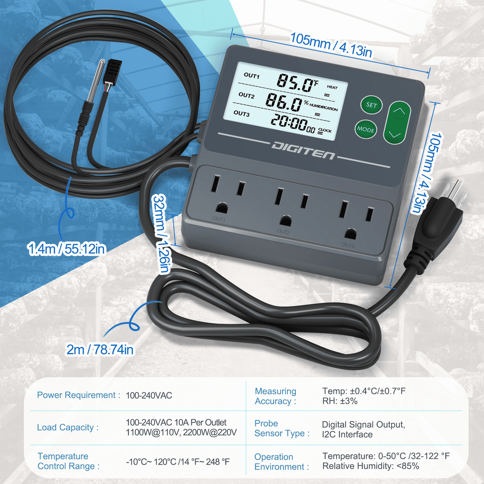 DIGITEN Temperature and Humidity Controller with Timer - 3 Outlet, 2 Separate Probes, Plug in Temperature Controller for Reptiles ,Snake, Mushrooms