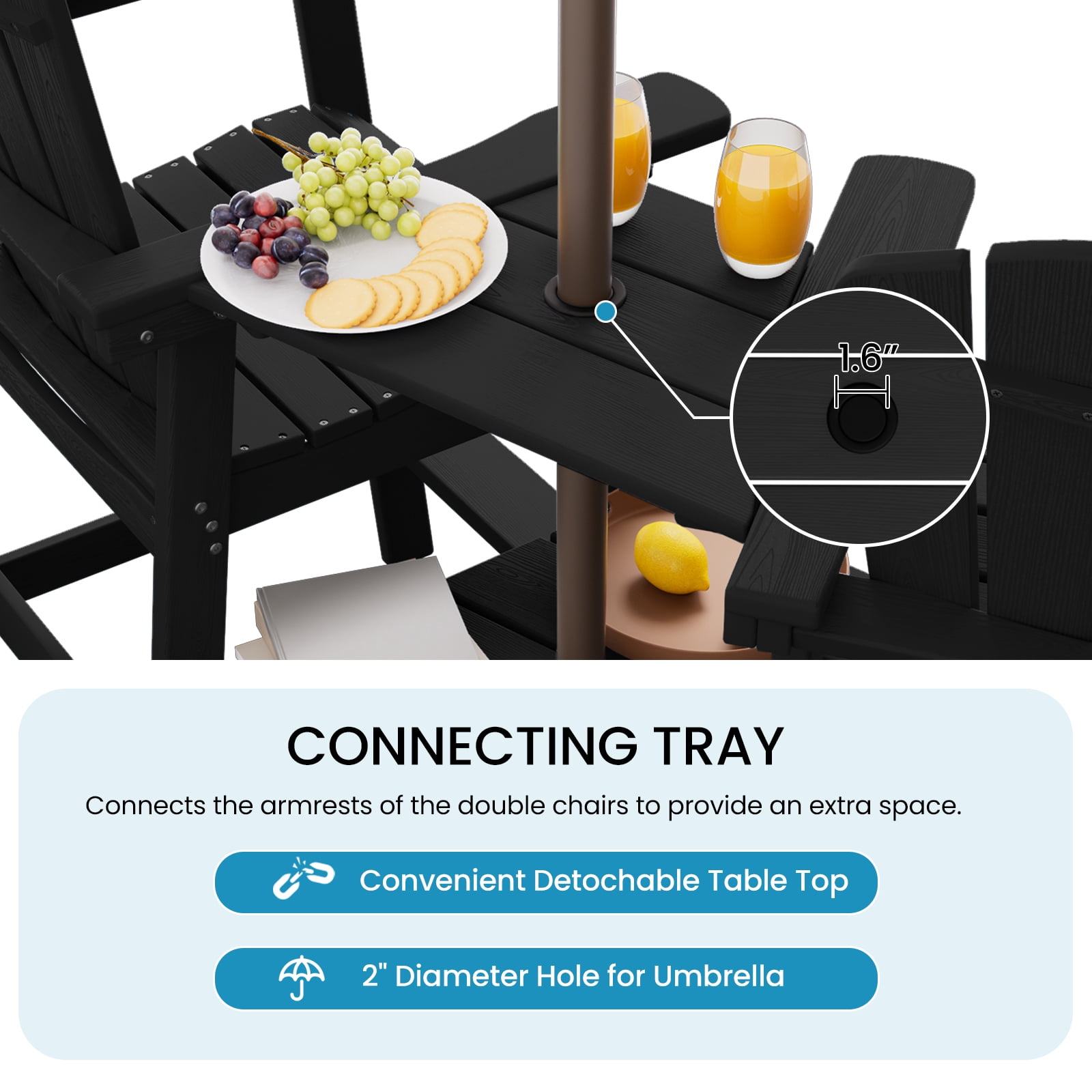 LOYALICE Tall Plastic Adirondack Chair Set of 2 W/ Outdoor Barstools and Connecting Tray, Black