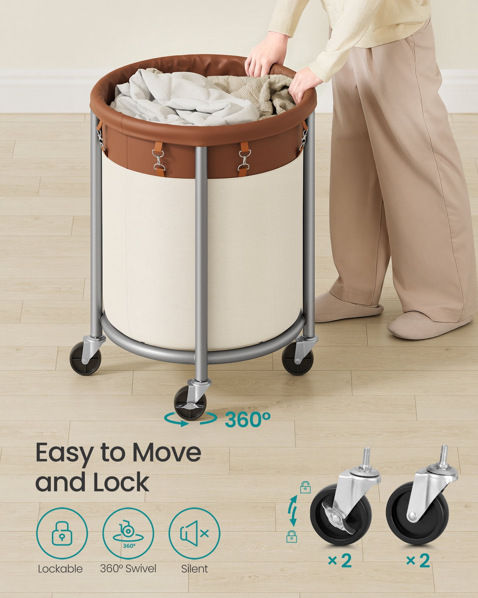 SONGMICS 29-Gallon (110 L) Laundry Basket with Wheels, Rolling Round Heavy-Duty Laundry Hamper Cart with Removable Bag, Coffee Brown and Cream White