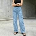 thumbnail image 6 of LEAVINGSUO Straight Leg Cargo Jeans Trousers for Women Fashion High Waisted Pockets Solid Color Button Zipper Casual Denim Pants Blue XXL, 6 of 7