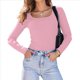 thumbnail image 2 of Camisas de Larga para Mujer, Blusas de Cuello Cuadrado, Blusas Básicas de Punto Acanalado, Conjuntos de Otoño, Ropa de Moda Rosa XXXL, 2 of 8