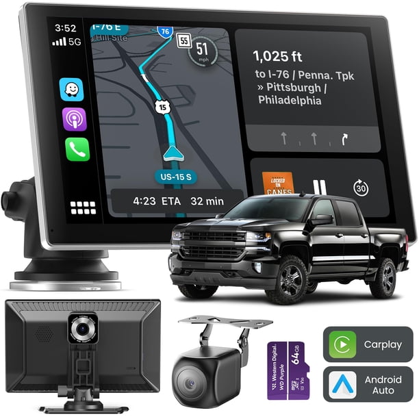 Jzones Pantalla Carplay para automóvil, Carplay inalámbrico portátil de 9 "y Android Auto, cámara de tablero 4K, cámara de respaldo 1080P, radio satelital para automóvil con navegación GPS, Mirror Lin