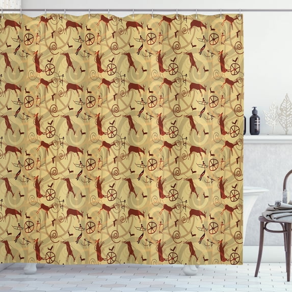 Southwestern Shower Curtain, Native Pattern Inspired by Caveman Drawings Prehistoric Art and Culture, Fabric Bathroom Set with Hooks, 69W X 70L Inches, Pale Yellow Brown, by Ambesonne