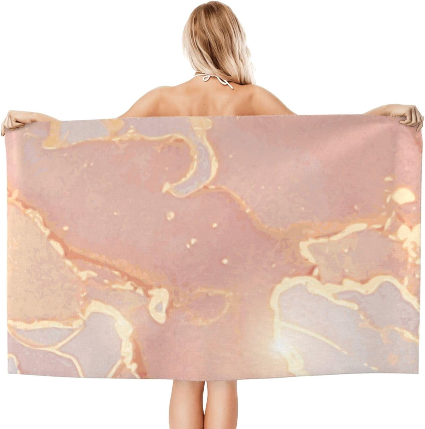 Rose, Peach and Gold Marble Large Beach Towel - Plush Thick Cotton Pool Towel, Adult Beach Towels