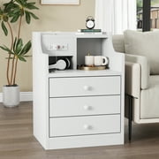 Afuhokles Nightstand with Charging Station, Night Stand End Table with Hutch and Storage Drawers, White