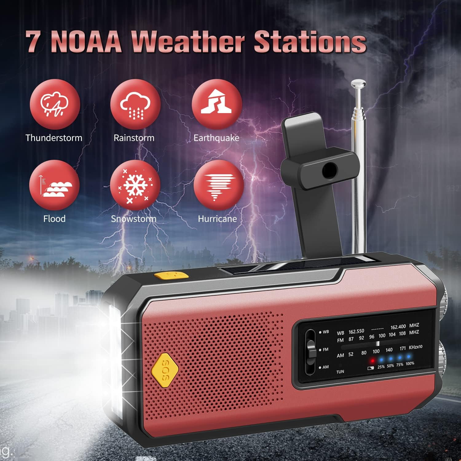 Newest Prociv Solar Emergency Wind Up Radio, Portable Hand Crank AM/FM Radio with SOS Alarm LED Torch, 2000mAh Rechargeable Power Bank USB Phone Charger Flashlight for Camping (Red)