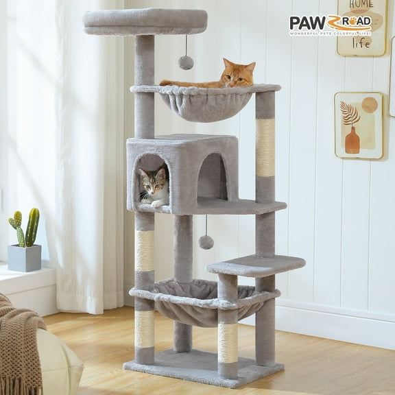 PAWZ Road 49" Large Cat Tree Multi-Level Scratcher with Two Hammocks&Condo for Indoor Cats Gray